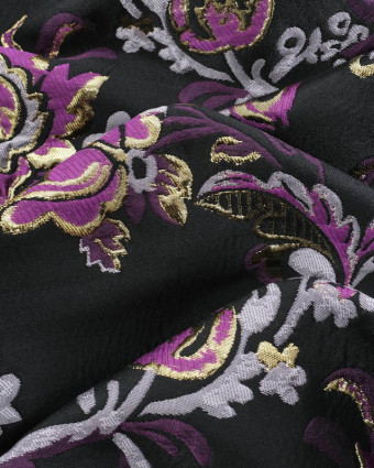 Jacquard Noir Motif Floral Mauve et Doré  - Mercerine