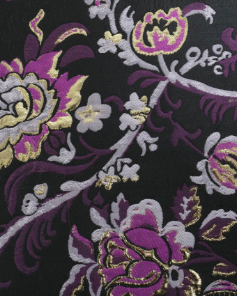 Jacquard Noir Motif Floral Mauve et Doré  - Mercerine