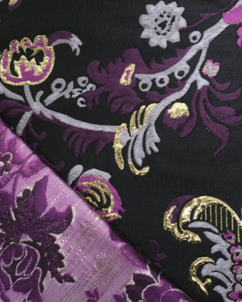 Jacquard Noir Motif Floral Mauve et Doré  - Mercerine