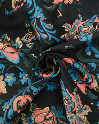 Jacquard Noir Motif Floral Bleu et Corail et Doré - Mercerine