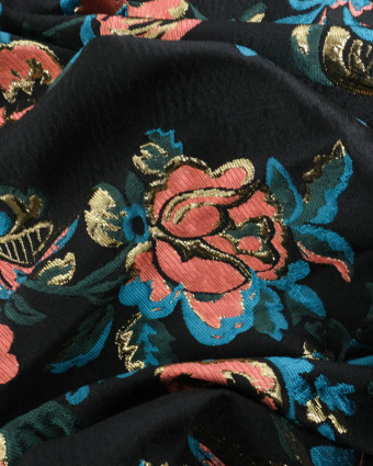 Jacquard Noir Motif Floral Bleu et Corail et Doré  - Mercerine