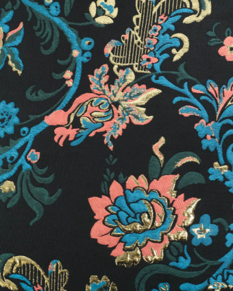 Jacquard Noir Motif Floral Bleu et Corail et Doré  - Mercerine