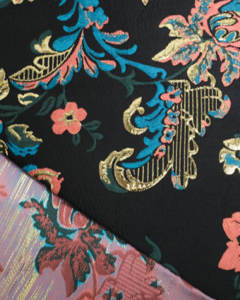 Jacquard Noir Motif Floral Bleu et Corail et Doré  - Mercerine