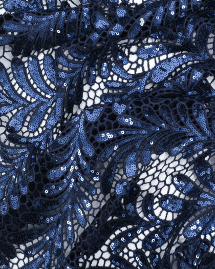 Dentelle Brodée Motif Floral Sequins Bleu Marine - Mercerine