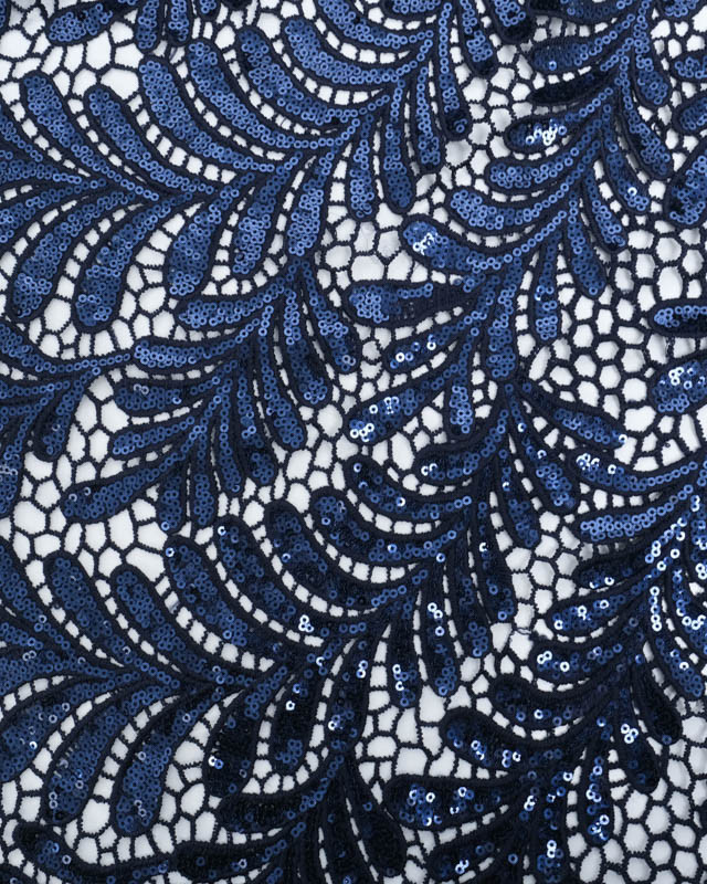 Dentelle Brodée Motif Floral Sequins Bleu Marine - Mercerine