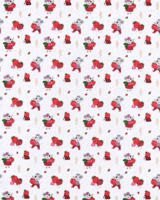 Tissu Coton Blanc Motif Petite Souris et Fraise - Mercerine