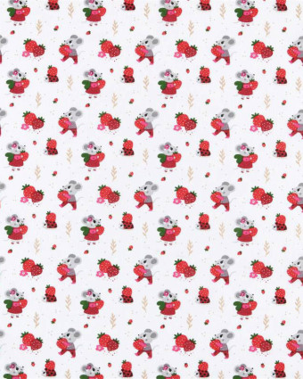 Tissu Coton Blanc Motif Petite Souris et Fraise - Mercerine