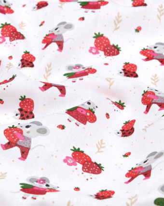 Tissu Coton Blanc Motif Petite Souris et Fraise - Mercerine