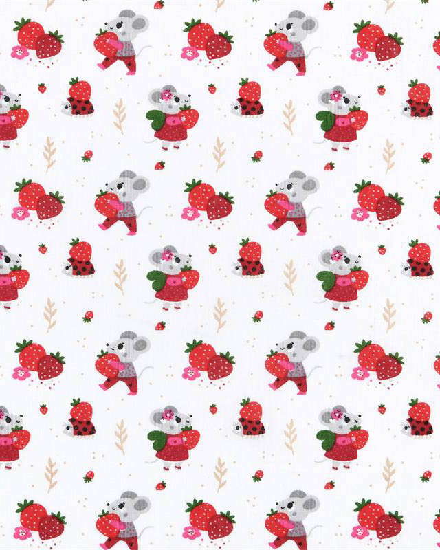 Tissu Coton Blanc Motif Petite Souris et Fraise - Mercerine