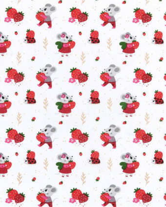 Tissu Coton Blanc Motif Petite Souris et Fraise - Mercerine