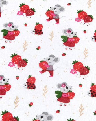 Tissu Coton Blanc Motif Petite Souris et Fraise - Mercerine