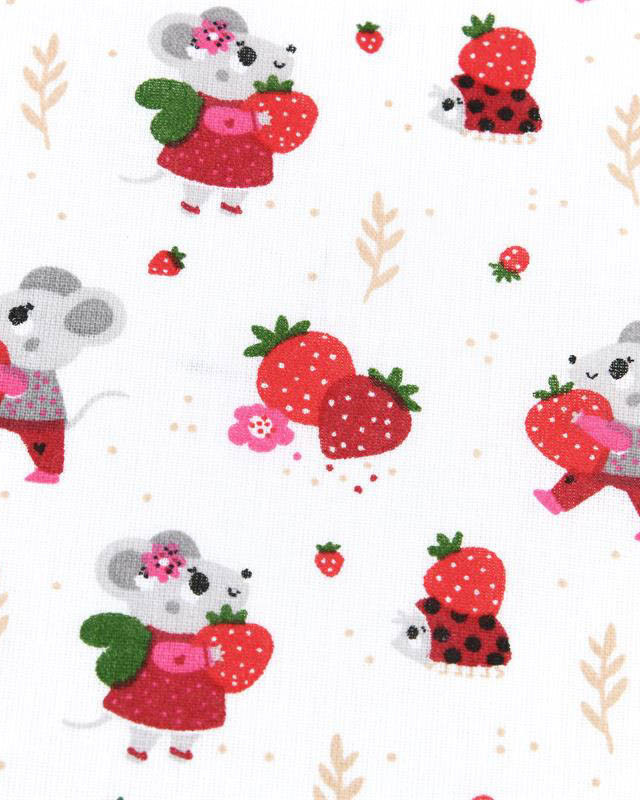 Tissu Coton Blanc Motif Petite Souris et Fraise - Mercerine