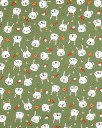 Tissu Coton Vert Motif Lapin - Mercerine