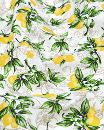 Tissu Coton Blanc Motif Citron Jaune - Mercerine