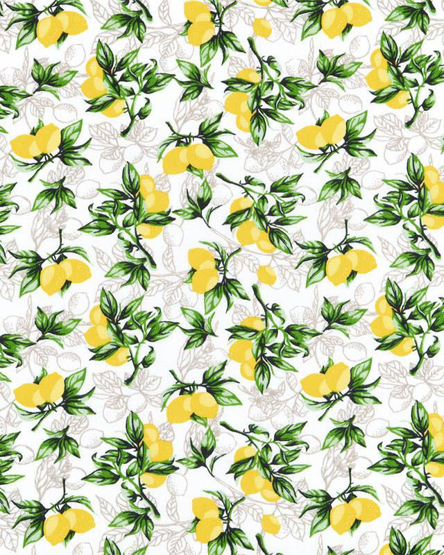 Tissu Coton Blanc Motif Citron Jaune - Mercerine