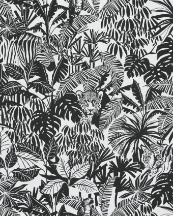 Toile Coton Ecrue et Noire Motif Jungle Tigre - Mercerine