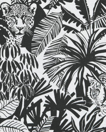 Toile Coton Ecrue et Noire Motif Jungle Tigre - Mercerine