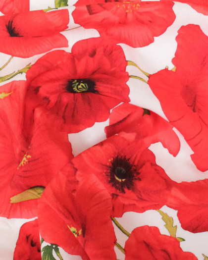 Tissu Viscose Blanc Motif Coquelicot - Mercerine