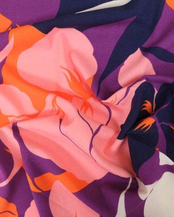 Tissu Viscose Violet  Motif Floral Rose et Orange - Mercerine