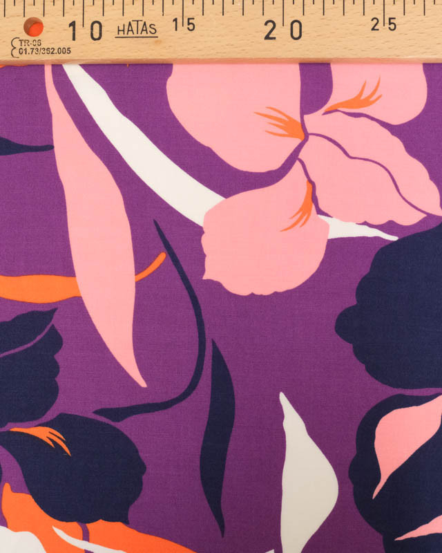 Tissu Viscose Violet  Motif Floral Rose et Orange - Mercerine