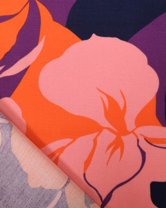 Tissu Viscose Violet  Motif Floral Rose et Orange - Mercerine