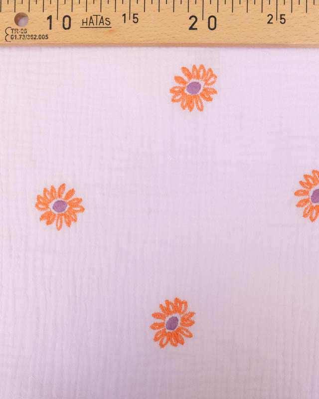 Double Gaze Lilas Fleurs Bordées Oranges - Poppy Design - Mercerine