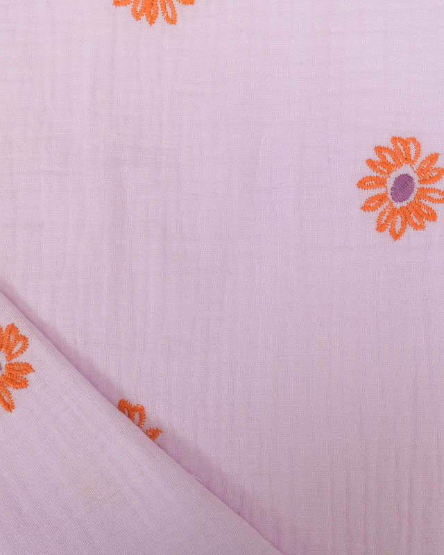 Double Gaze Lilas Fleurs Bordées Oranges - Poppy Design - Mercerine