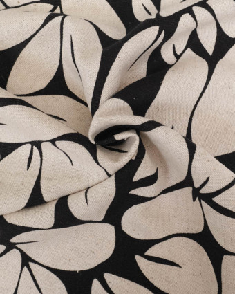 Viscose Lin Motif Floral Naturel Fond Noir - Mercerine