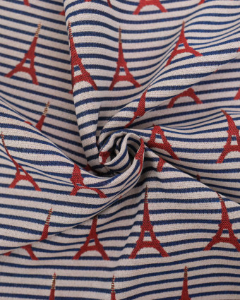 Tissu Jacquard à Rayures Bleu Marine Motif Tour Eiffel Rouge Lurex - Mercerine