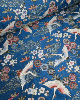 Tissu Jacquard Ameublement Tissé En France Grues Bleu - Mercerine