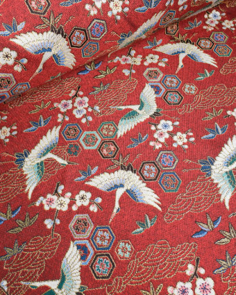 Tissu Jacquard Ameublement Tissé En France Grues Rouge - Mercerine