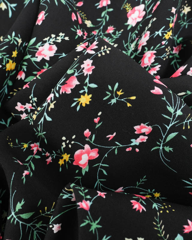 Tissu au mètre : Tissu Viscose Noir Motif Fleuri - Mercerine