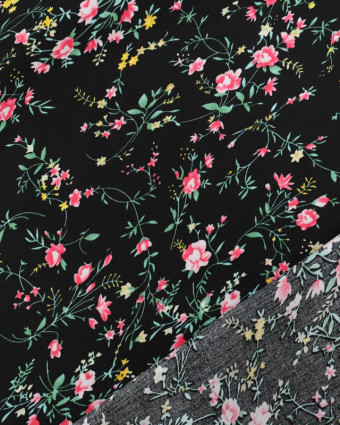 Tissu au mètre : Tissu Viscose Noir Motif Fleuri - Mercerine