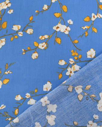 Tissu Viscose Bleu Motif Fleurs de Cerisier - Mercerine