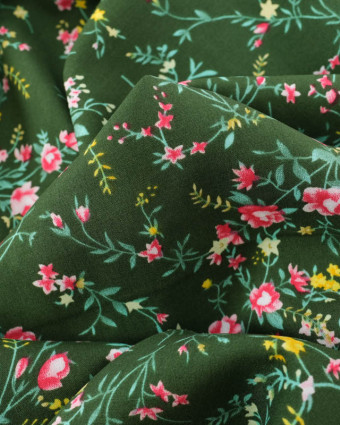 Tissu au mètre : Tissu Viscose Vert Motif Fleuri - Mercerine