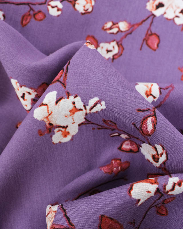 Tissu au mètre : Viscose Parme Motif Fleurs de Cerisier - Mercerine