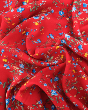 Viscose Rouge Motif Fleuri Bleu - Mercerine