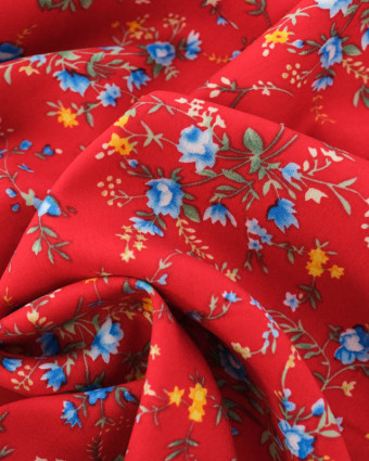 Viscose Rouge Motif Fleuri Bleu - Mercerine