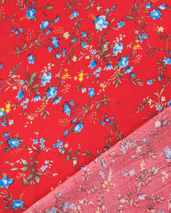 Viscose Rouge Motif Fleuri Bleu - Mercerine