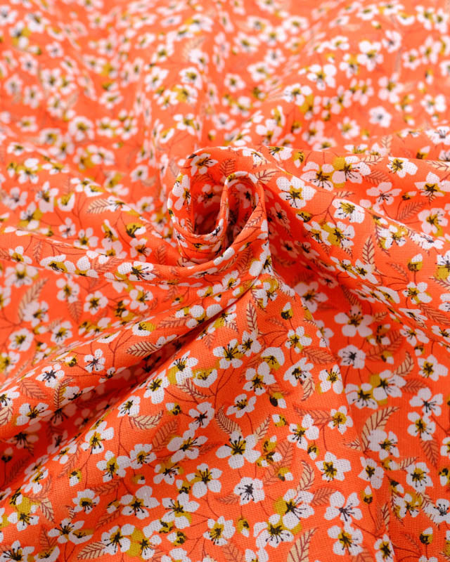 Cretonne de Coton Corail Motif Fleurs de Cerisier - Mercerine