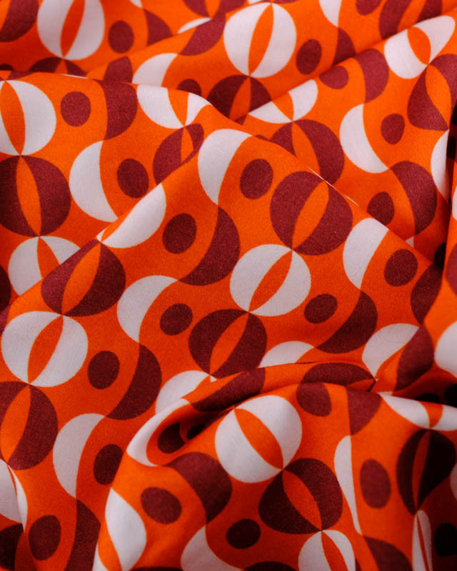 Viscose Sanforisée Orange Motif Sixties Prune et Blanc - Mercerine