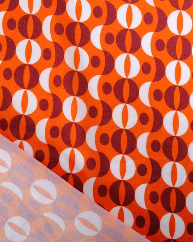 Viscose Sanforisée Orange Motif Sixties Prune et Blanc - Mercerine