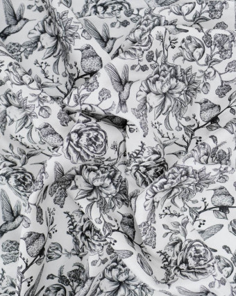 Viscose Sanforisée Motif Fleurs et Colibri Gris - Mercerine