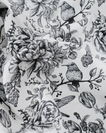 Viscose Sanforisée Motif Fleurs et Colibri Gris - Mercerine