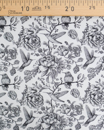 Viscose Sanforisée Motif Fleurs et Colibri Gris - Mercerine