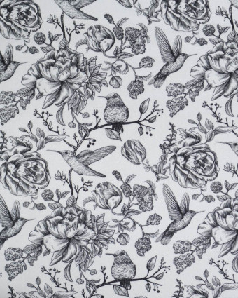 Viscose Sanforisée Motif Fleurs et Colibri Gris - Mercerine