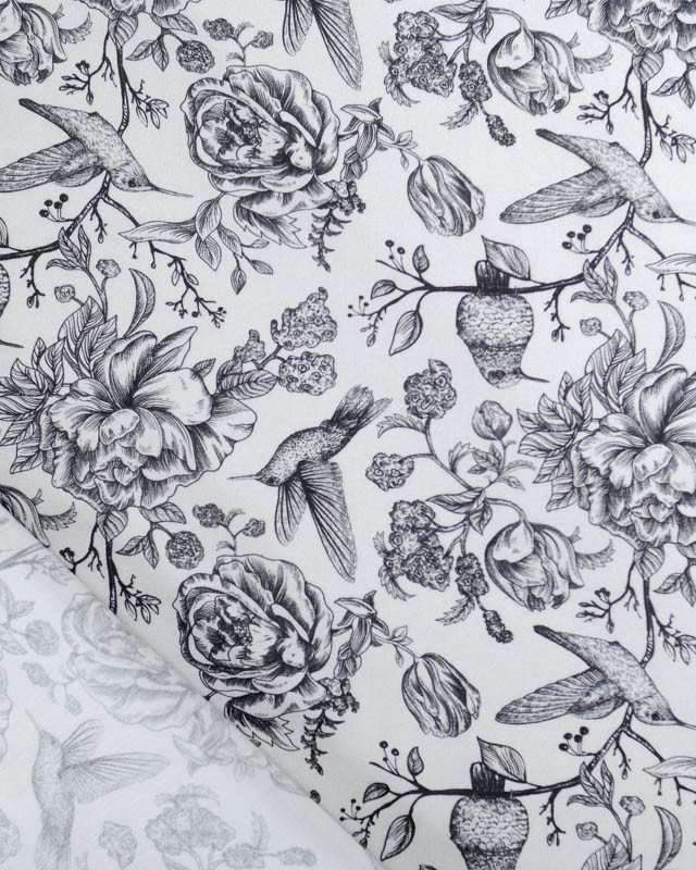 Viscose Sanforisée Motif Fleurs et Colibri Gris - Mercerine