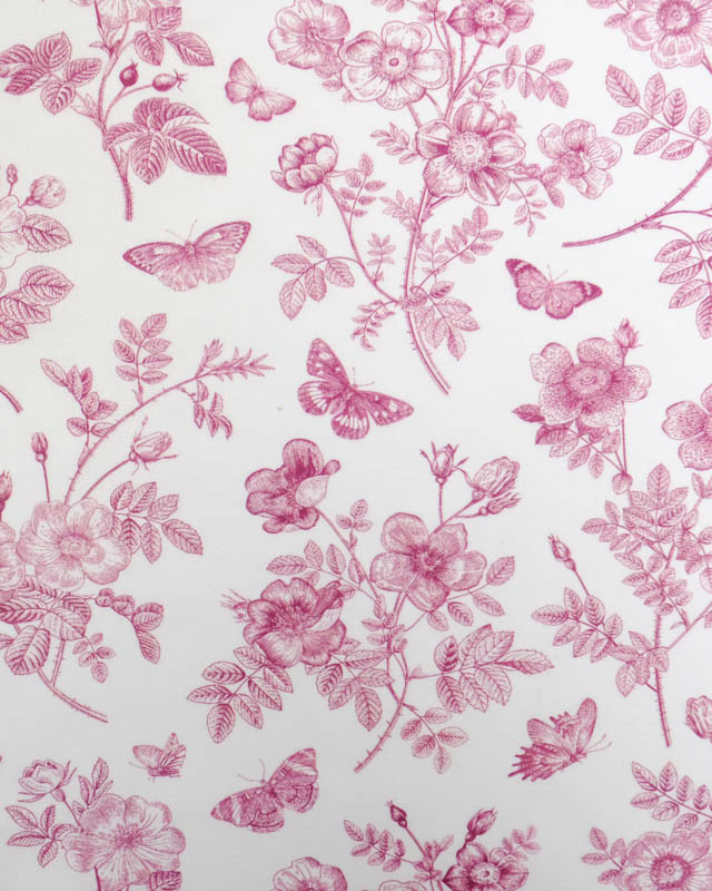 Viscose Sanforisée Motif Fleuri et Papillon Framboise - Mercerine