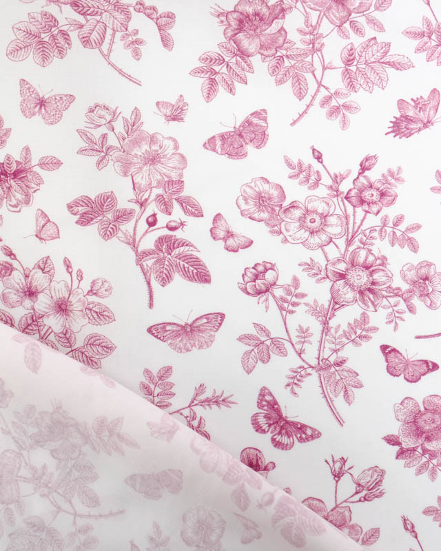 Viscose Sanforisée Motif Fleuri et Papillon Framboise - Mercerine