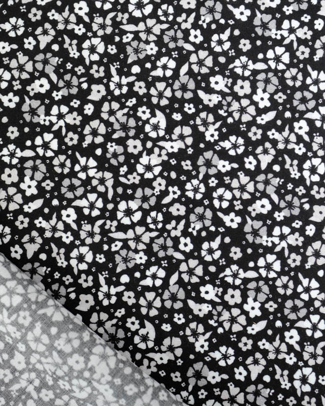 Viscose Sanforisée Noire Motif Fleuri Gris - Mercerine